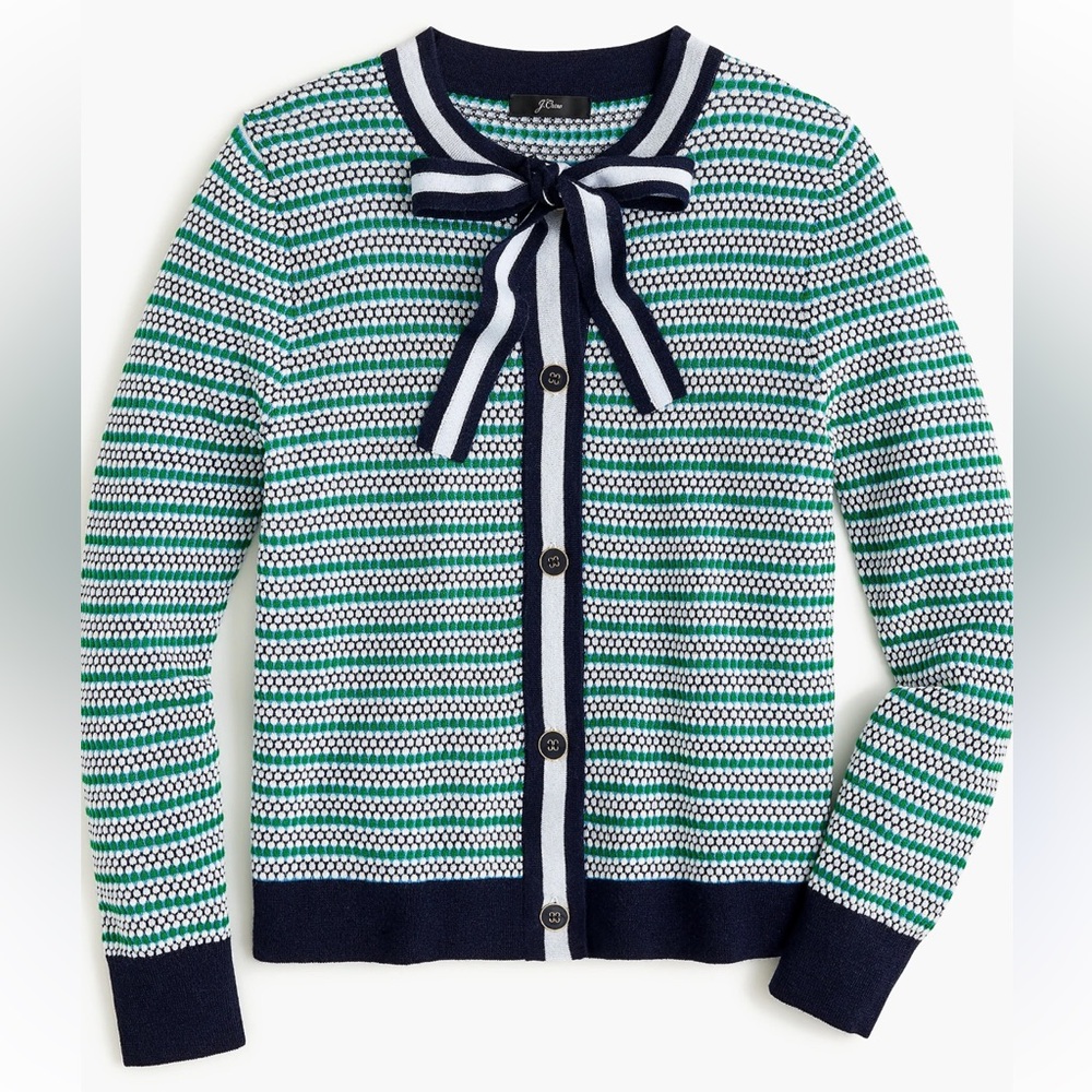 J. Crew Green and Navy Striped Cardigan with Bow
